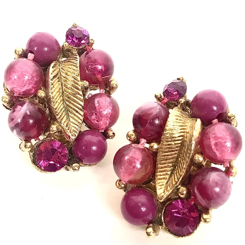 Vintage Earrings Raspberry Pink Rhinestone Beaded - Picture 5 of 5